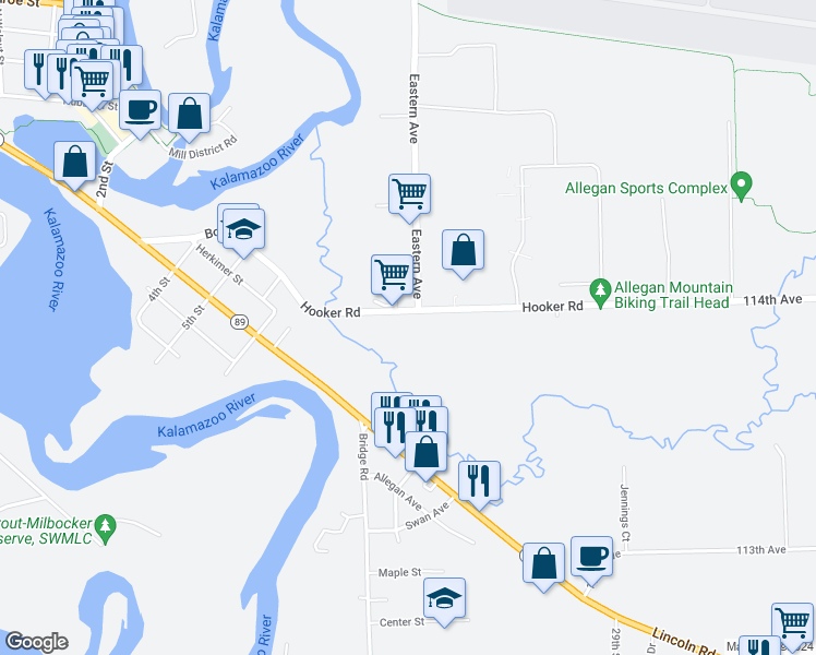 map of restaurants, bars, coffee shops, grocery stores, and more near 602 1/2 Hooker Road in Allegan