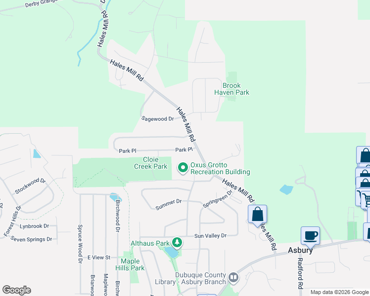 map of restaurants, bars, coffee shops, grocery stores, and more near 5132 Park Place in Dubuque