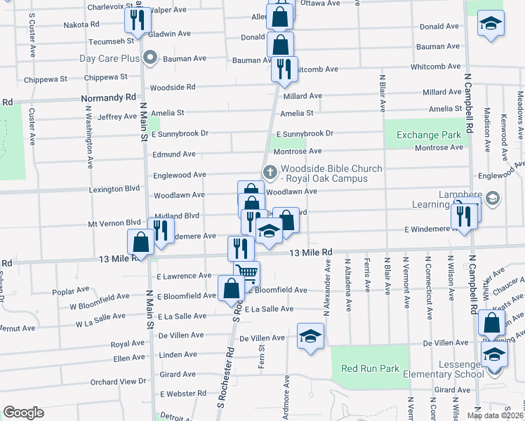 map of restaurants, bars, coffee shops, grocery stores, and more near 3428 Rochester Road in Royal Oak