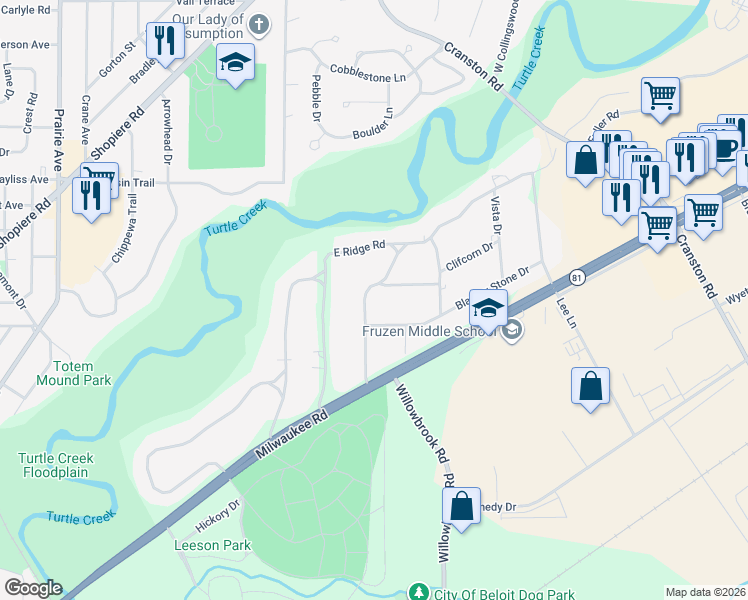 map of restaurants, bars, coffee shops, grocery stores, and more near 1701 Morgan Terrace in Beloit