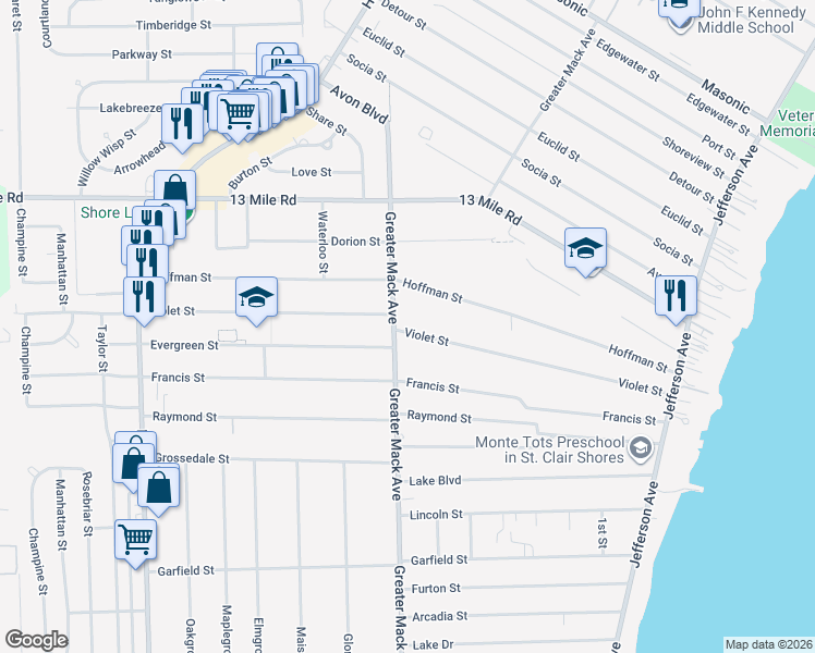 map of restaurants, bars, coffee shops, grocery stores, and more near 30620 Greater Mack Avenue in St. Clair Shores