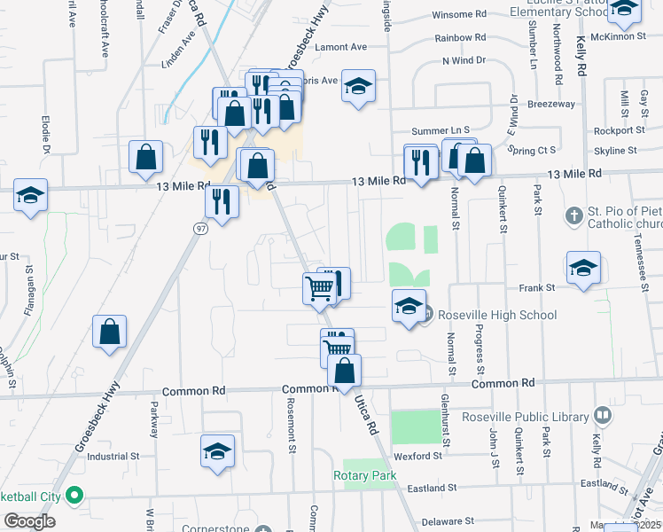 map of restaurants, bars, coffee shops, grocery stores, and more near 30618 Oakridge Manor Drive in Roseville