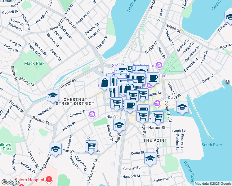 map of restaurants, bars, coffee shops, grocery stores, and more near 15 Crombie Street in Salem