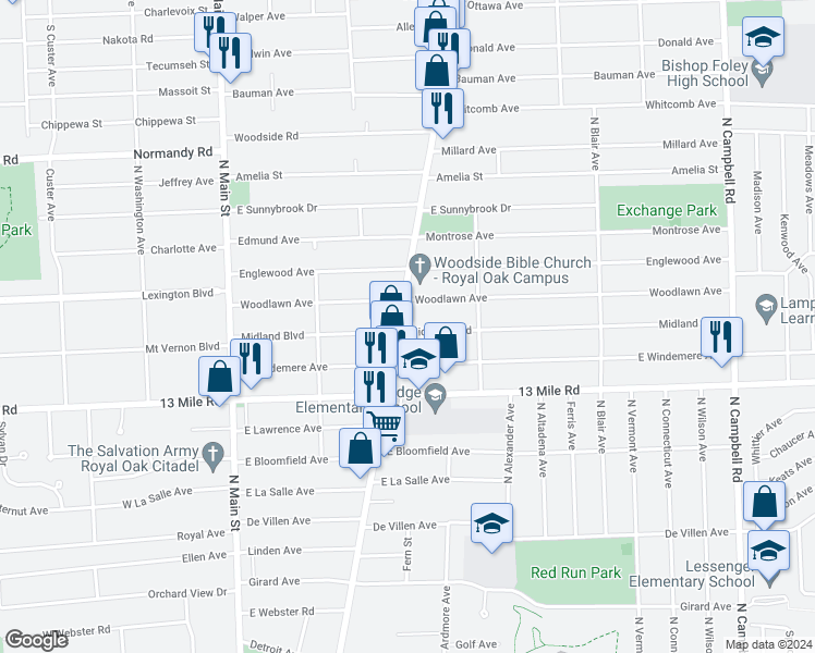 map of restaurants, bars, coffee shops, grocery stores, and more near 3428 Rochester Road in Royal Oak