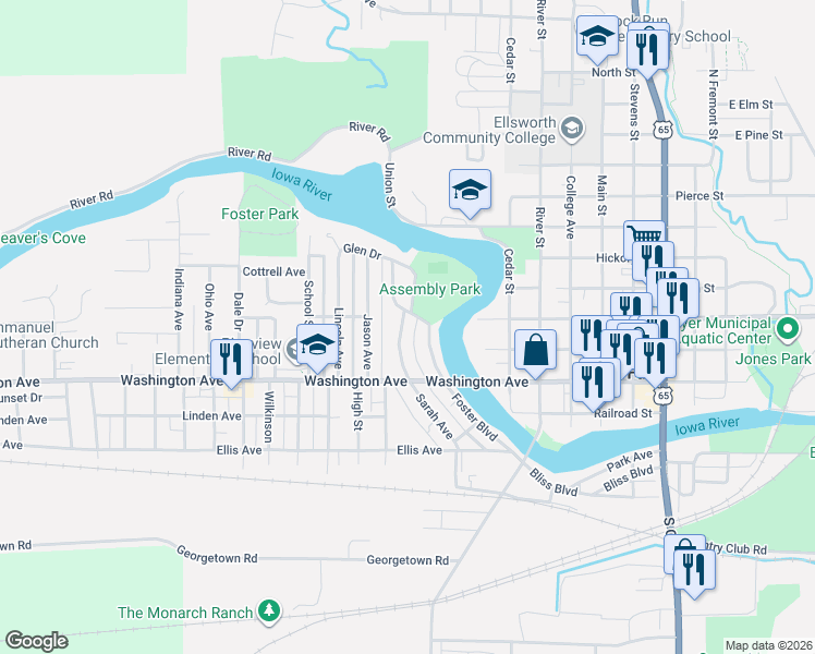 map of restaurants, bars, coffee shops, grocery stores, and more near 322 Sarah Avenue in Iowa Falls