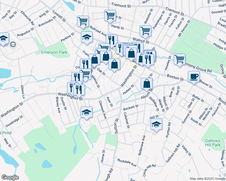 map of restaurants, bars, coffee shops, grocery stores, and more near 9 Lincoln Place in Peabody