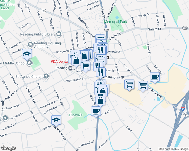 map of restaurants, bars, coffee shops, grocery stores, and more near 142 Washington Street in Reading