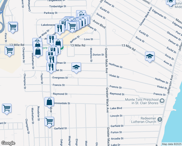 map of restaurants, bars, coffee shops, grocery stores, and more near 22123 Violet Street in St. Clair Shores