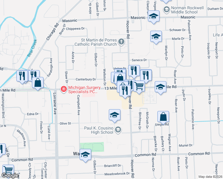 map of restaurants, bars, coffee shops, grocery stores, and more near 11474 Canterbury Drive in Warren