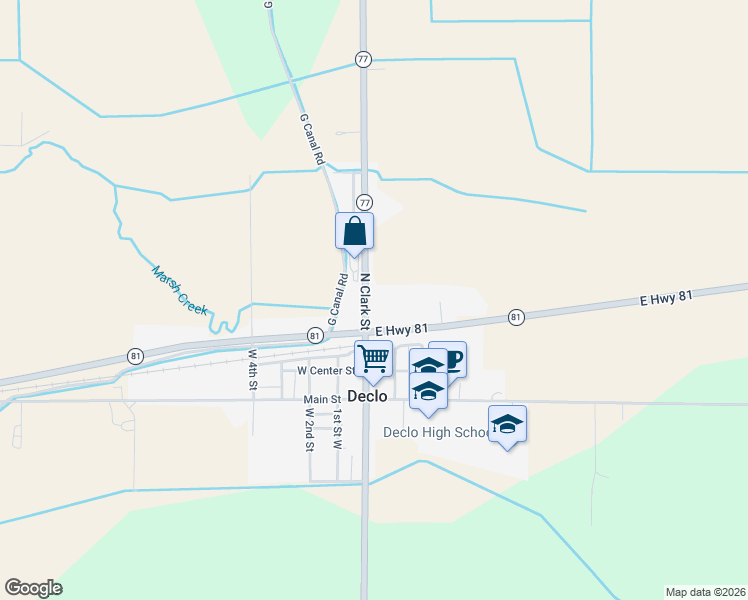 map of restaurants, bars, coffee shops, grocery stores, and more near 76 Idaho 77 in Declo