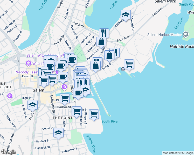 map of restaurants, bars, coffee shops, grocery stores, and more near 143 Derby Street in Salem