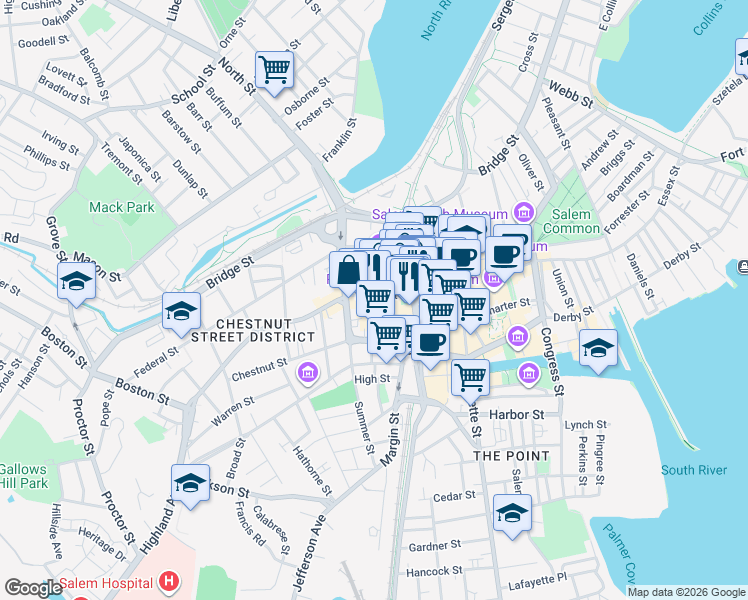 map of restaurants, bars, coffee shops, grocery stores, and more near 284 Essex Street in Salem