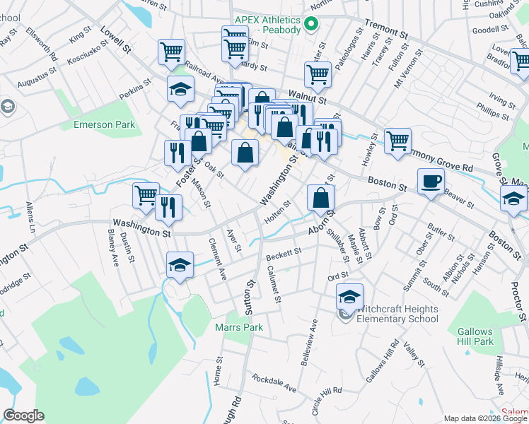 map of restaurants, bars, coffee shops, grocery stores, and more near 44 Oak Street in Peabody