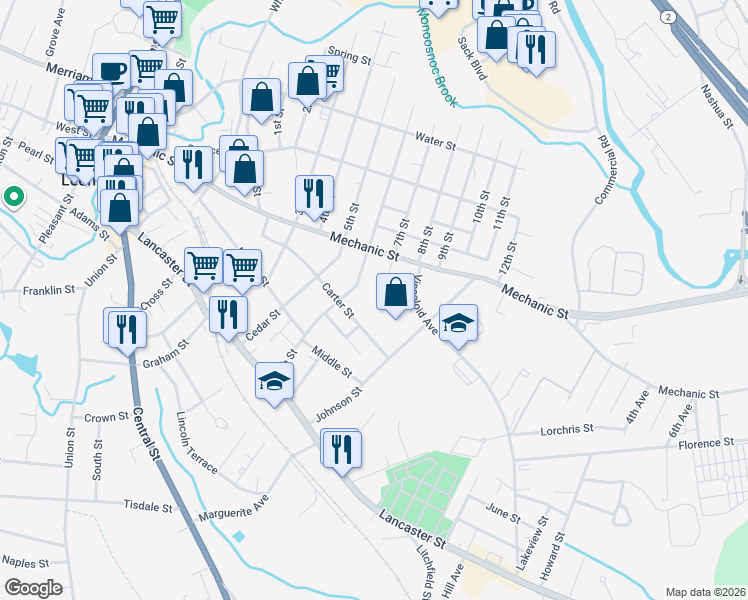 map of restaurants, bars, coffee shops, grocery stores, and more near 217 7th Street in Leominster