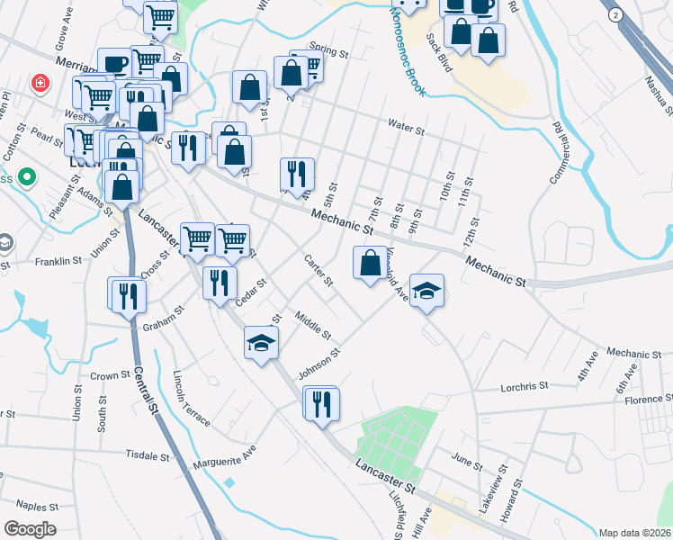 map of restaurants, bars, coffee shops, grocery stores, and more near 237 6th Street in Leominster