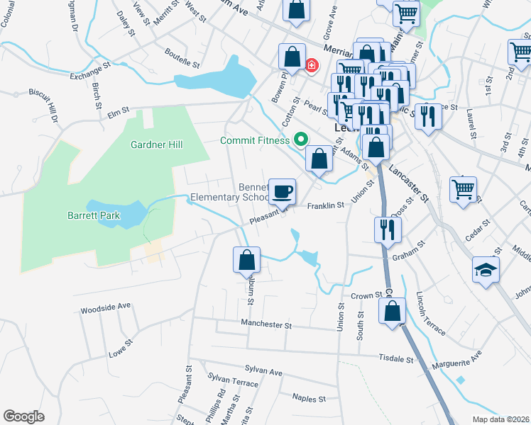 map of restaurants, bars, coffee shops, grocery stores, and more near 32 South Cotton Street in Leominster