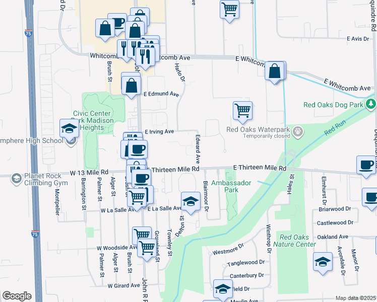 map of restaurants, bars, coffee shops, grocery stores, and more near 500 East Irving Avenue in Madison Heights