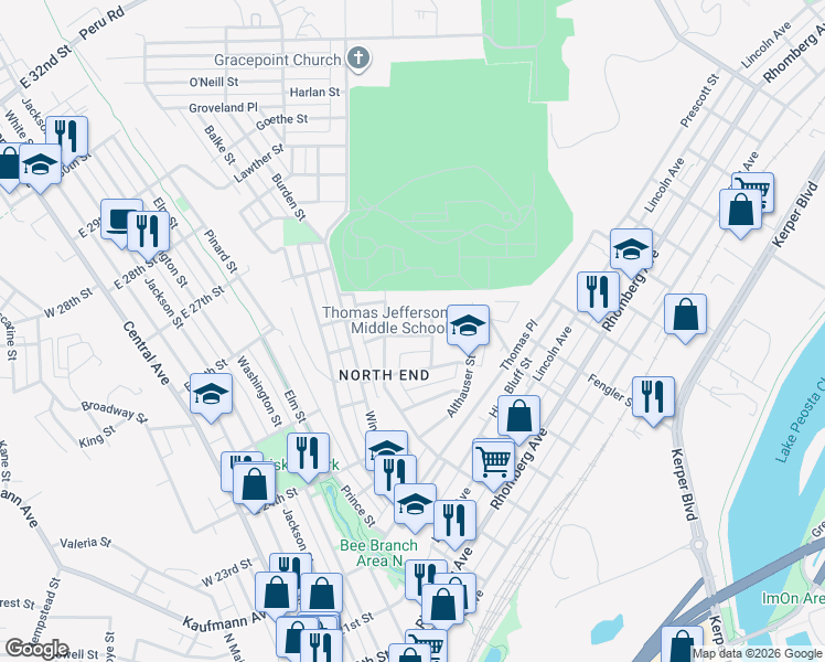 map of restaurants, bars, coffee shops, grocery stores, and more near 2598 Columbia Street in Dubuque