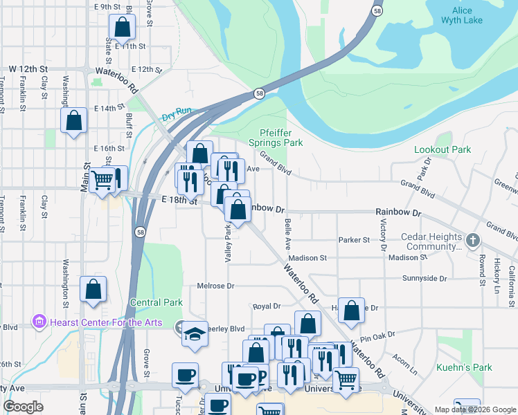map of restaurants, bars, coffee shops, grocery stores, and more near 1809 Gibson Street in Cedar Falls