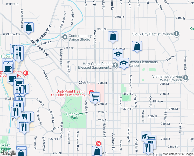 map of restaurants, bars, coffee shops, grocery stores, and more near 500-548 30th Street in Sioux City