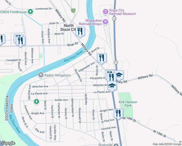 map of restaurants, bars, coffee shops, grocery stores, and more near 2501-2599 Boies St in Sioux City