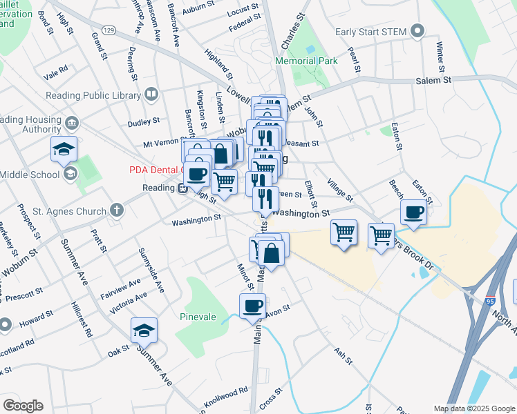 map of restaurants, bars, coffee shops, grocery stores, and more near 500 Main Street in Reading
