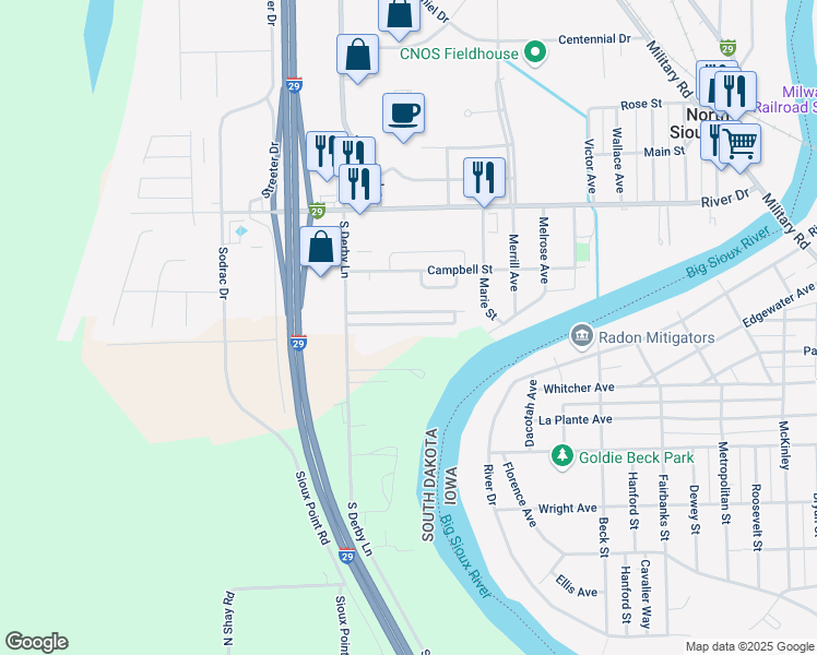 map of restaurants, bars, coffee shops, grocery stores, and more near 920 Harvest Bend in North Sioux City