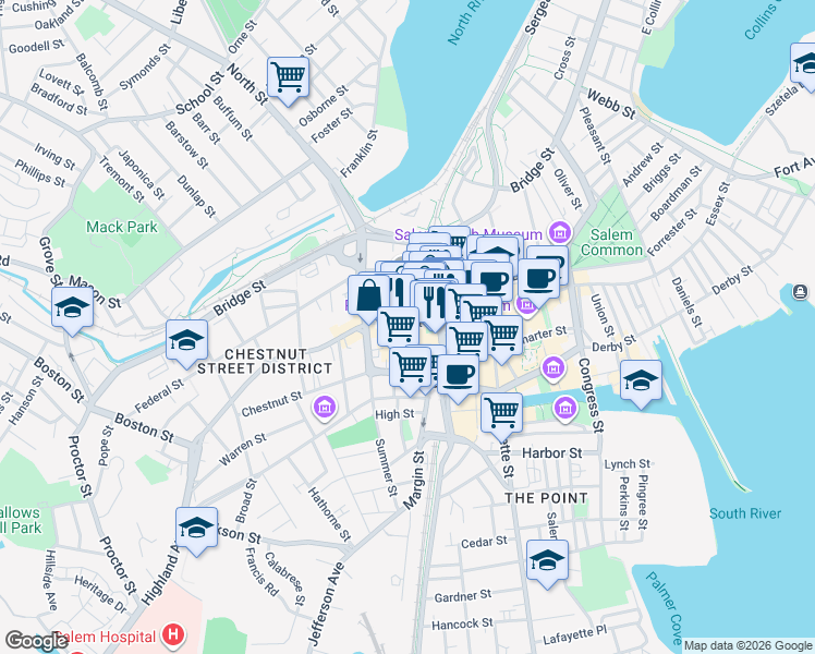 map of restaurants, bars, coffee shops, grocery stores, and more near 284 Essex Street in Salem