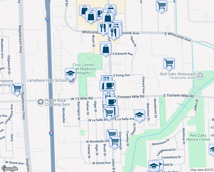 map of restaurants, bars, coffee shops, grocery stores, and more near 31000 Brush Street in Madison Heights