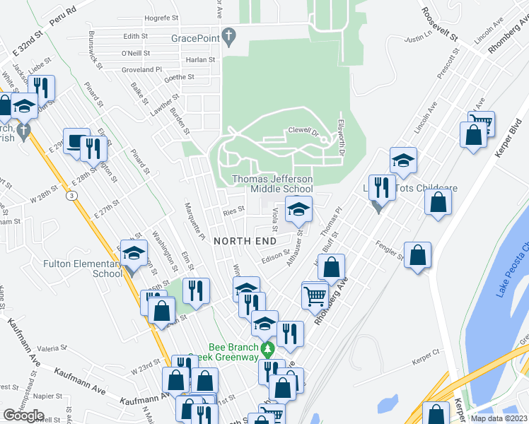 map of restaurants, bars, coffee shops, grocery stores, and more near 2598 Columbia Street in Dubuque