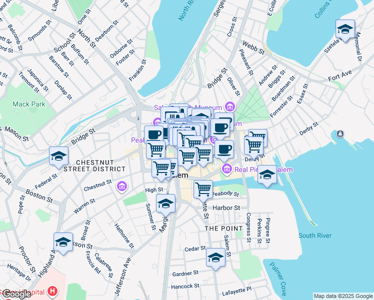 map of restaurants, bars, coffee shops, grocery stores, and more near 2 Derby Square in Salem