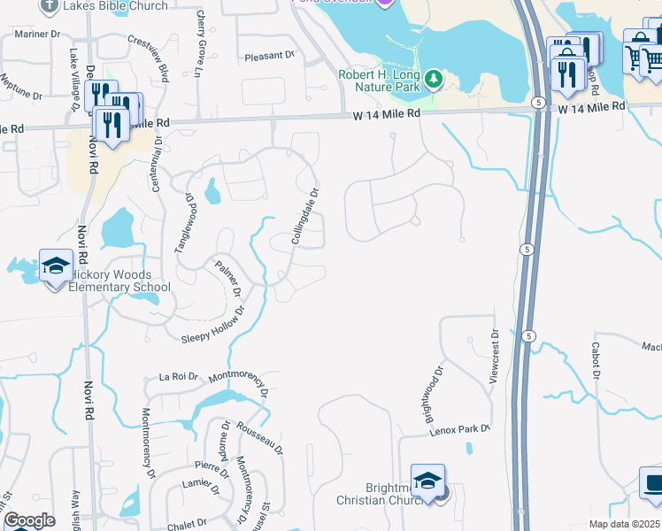 map of restaurants, bars, coffee shops, grocery stores, and more near 41444 Belden Circle in Novi