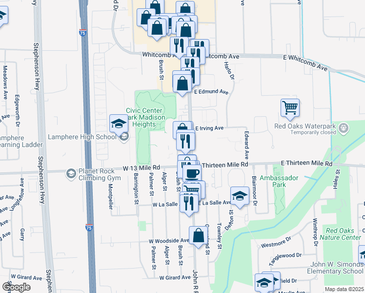 map of restaurants, bars, coffee shops, grocery stores, and more near 31145 John R Road in Madison Heights