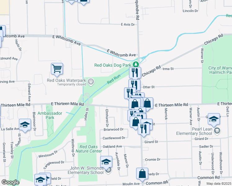 map of restaurants, bars, coffee shops, grocery stores, and more near 1655 East Thirteen Mile Road in Madison Heights