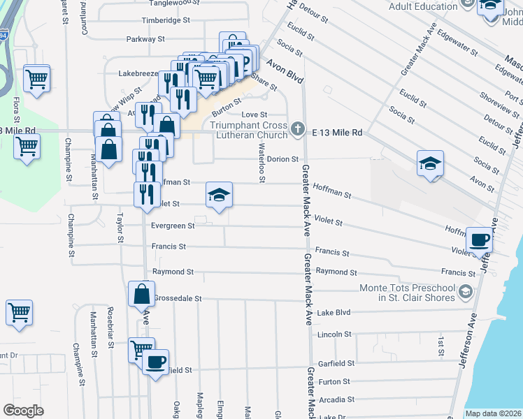 map of restaurants, bars, coffee shops, grocery stores, and more near 22123 Violet Street in St. Clair Shores