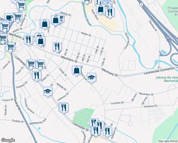map of restaurants, bars, coffee shops, grocery stores, and more near 170 Johnson Street in Leominster