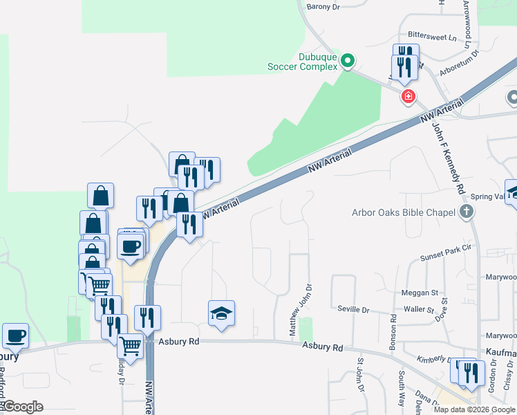 map of restaurants, bars, coffee shops, grocery stores, and more near 2693 Millstone Drive in Dubuque