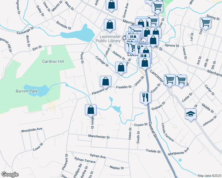 map of restaurants, bars, coffee shops, grocery stores, and more near 145 Pleasant Street in Leominster