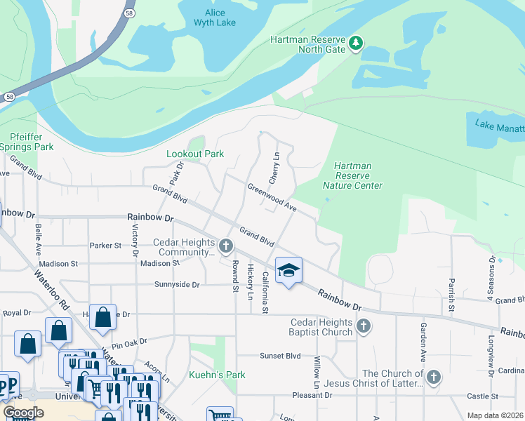 map of restaurants, bars, coffee shops, grocery stores, and more near 2227 Greenwood Avenue in Cedar Falls