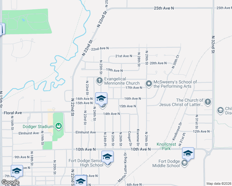 map of restaurants, bars, coffee shops, grocery stores, and more near 2530 17th Avenue North in Fort Dodge