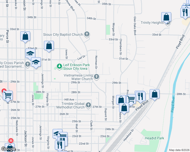 map of restaurants, bars, coffee shops, grocery stores, and more near 3000-3198 Norman Drive in Sioux City