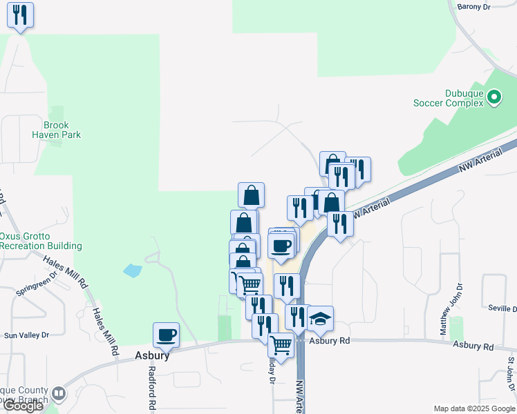 map of restaurants, bars, coffee shops, grocery stores, and more near 2595 Northwest Arterial in Dubuque