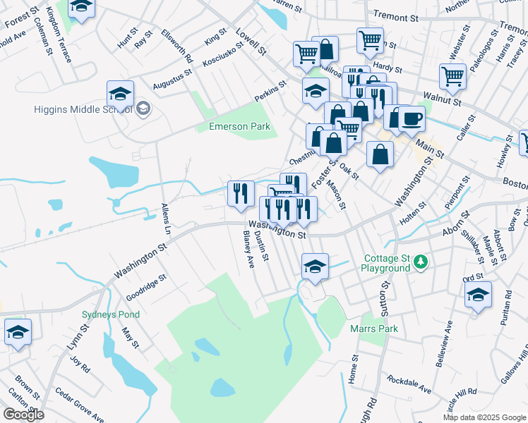 map of restaurants, bars, coffee shops, grocery stores, and more near 119R Foster Street in Peabody
