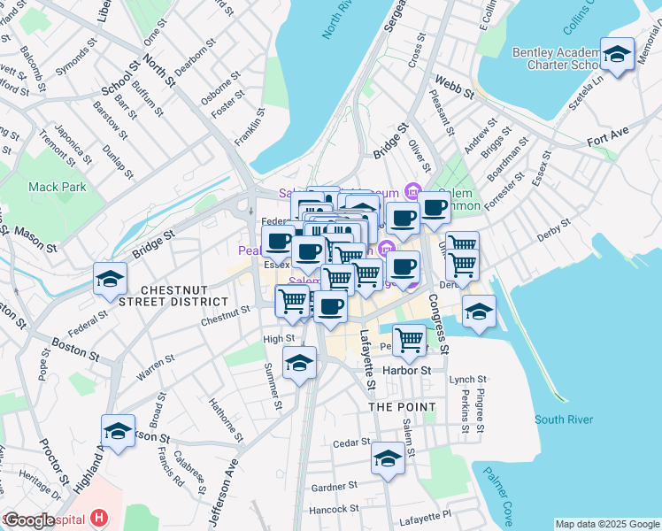 map of restaurants, bars, coffee shops, grocery stores, and more near 221 Essex Street in Salem