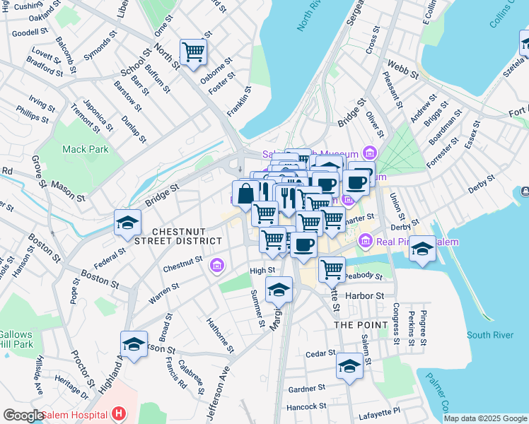map of restaurants, bars, coffee shops, grocery stores, and more near 273 Essex Street in Salem