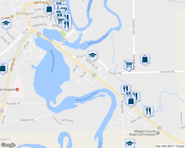 map of restaurants, bars, coffee shops, grocery stores, and more near 599 Marshall Street in Allegan