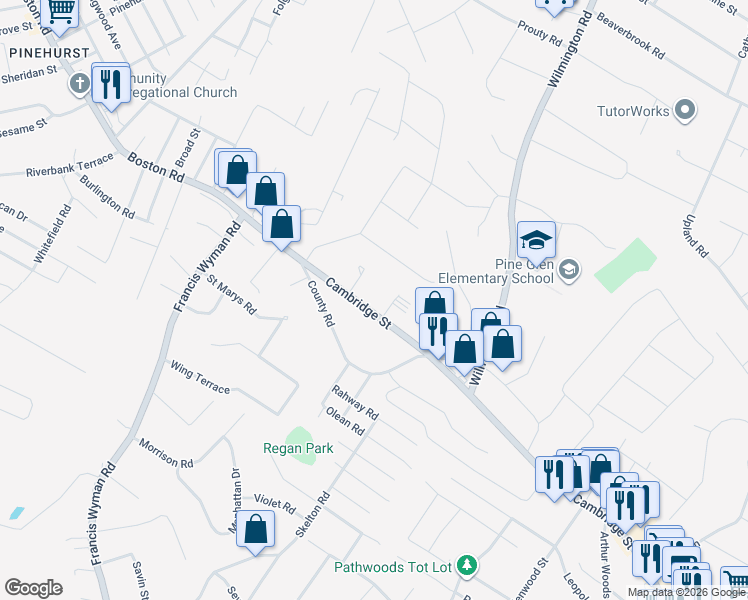 map of restaurants, bars, coffee shops, grocery stores, and more near 3 Edsel Drive in Burlington