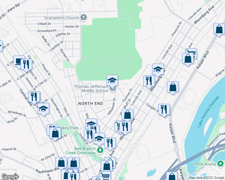 map of restaurants, bars, coffee shops, grocery stores, and more near 1105 Althauser Street in Dubuque