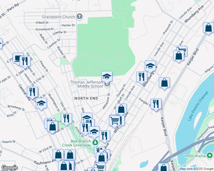 map of restaurants, bars, coffee shops, grocery stores, and more near 1105 Althauser Street in Dubuque