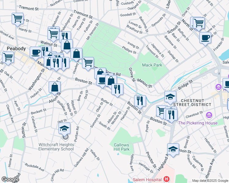 map of restaurants, bars, coffee shops, grocery stores, and more near 41 Beaver Street in Salem